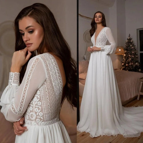 Bohemian Lace Wedding Dress with Long Sleeves | A-Line Bridal Gown with Backless Design