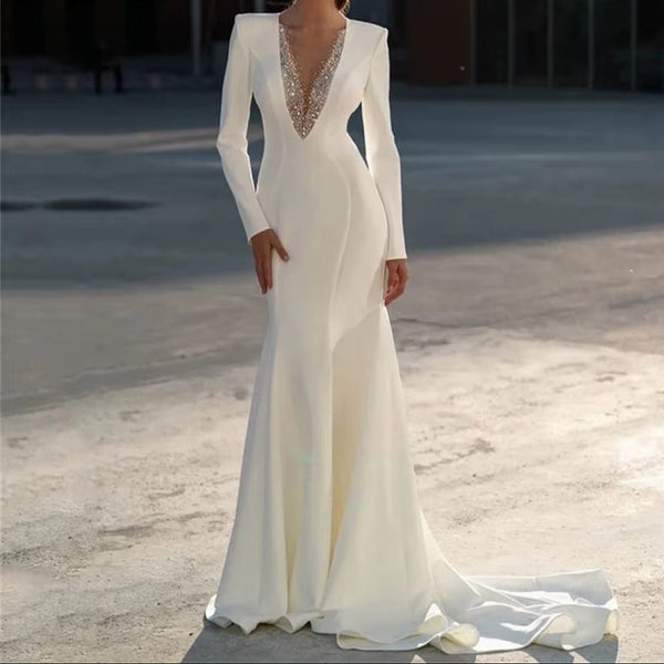 Elegant Mermaid Wedding Dress with Long Sleeves and a Beaded V-Neck